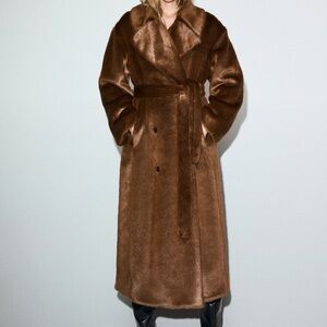 Belted Faux Fur Long Trench Coat - Brown